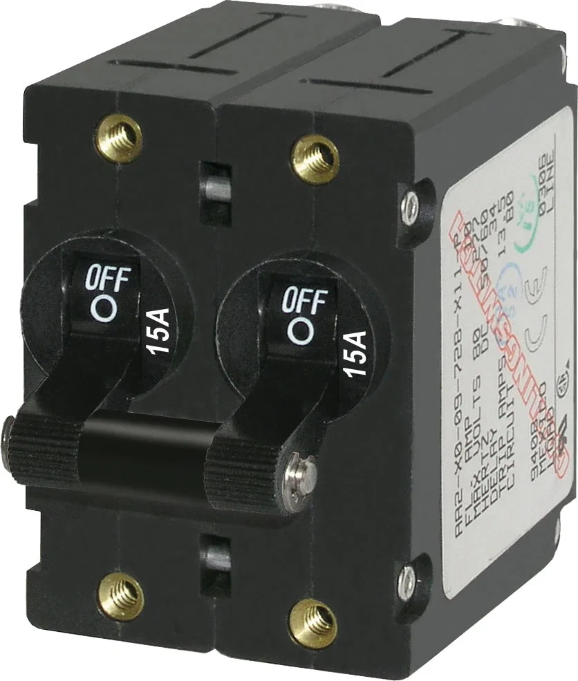 7234-BSS – BLUE SEA Circuit Breaker, 15 Amps/ 120/ 240 Volt AC/ 32 Volt DC Black Double Pole Magnetic Hydraulic Type ...